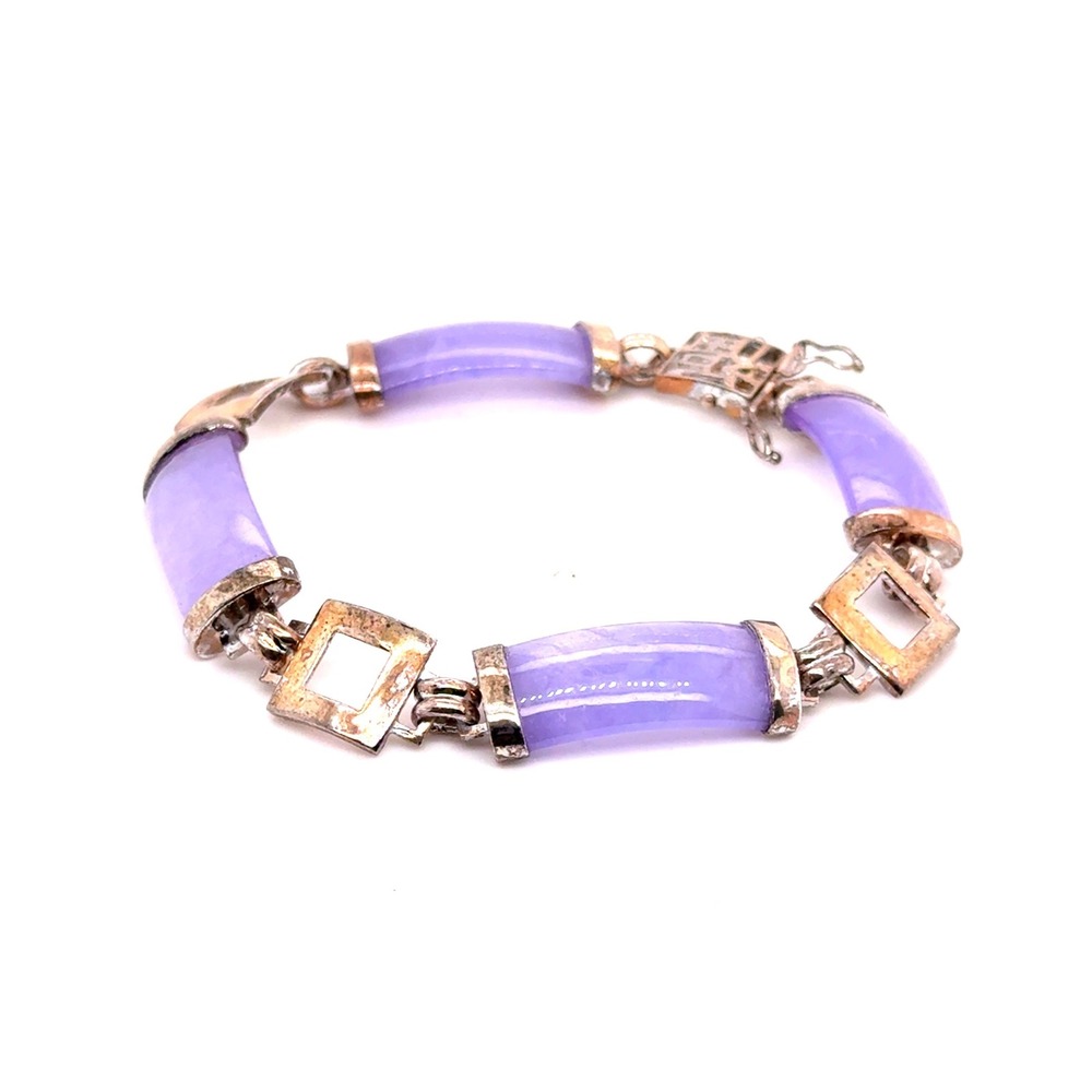 Vintage Sterling Silver Lavender Jade Link Bracelet 7.5 Inch Purple Jadeite